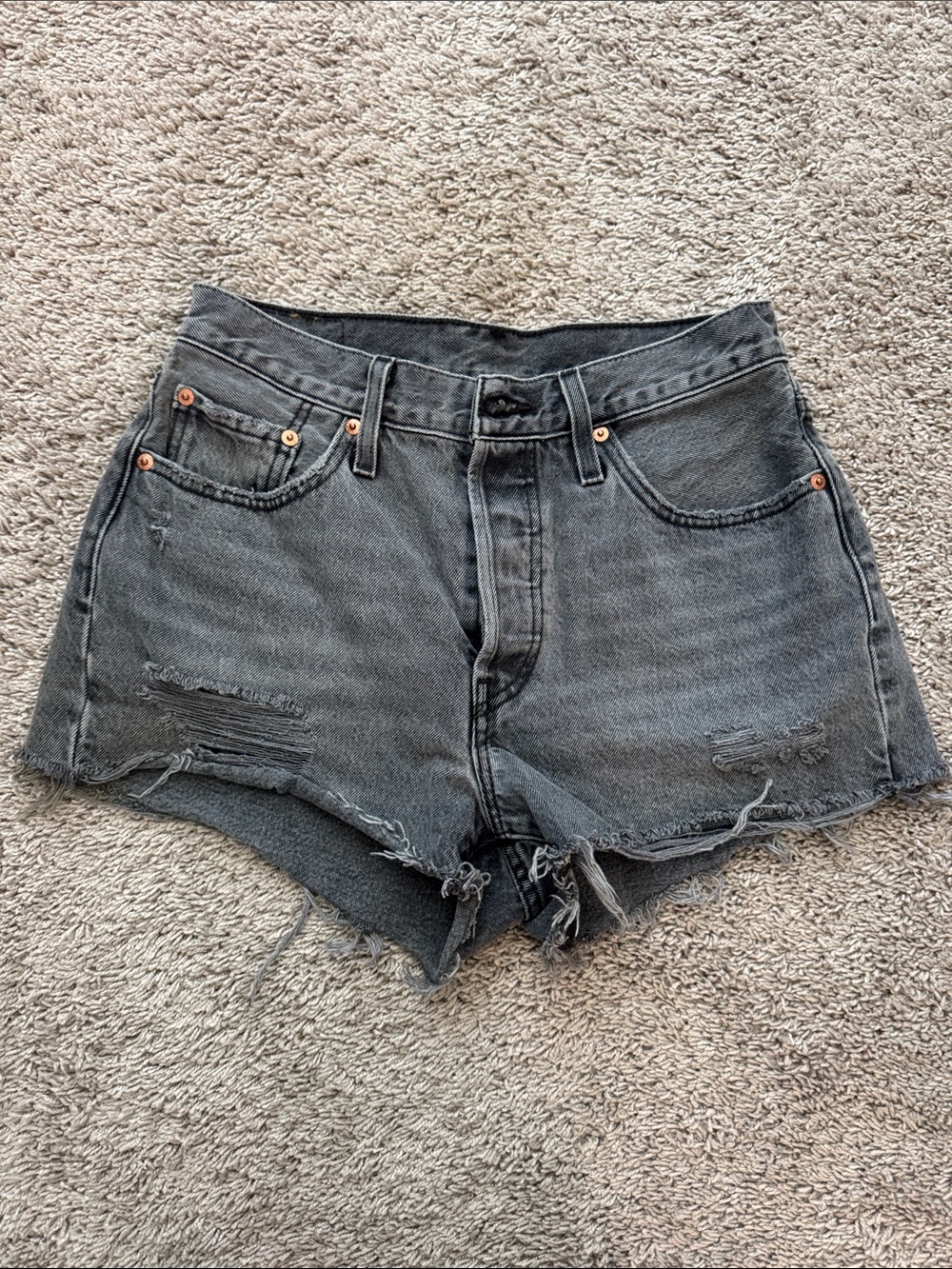 Levi's Washed Black Distressed High-Rise Denim Shorts